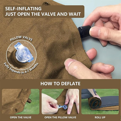 Double Camping Sleeping Pad with Pillow, 2" Memory Foam Camping Mattress 2 Person, 5R Insulated Self Inflating Camping Pad, Air Mattress Inflatable Sleeping Mat for Tent, Backpacking, Hiking (Khaki)