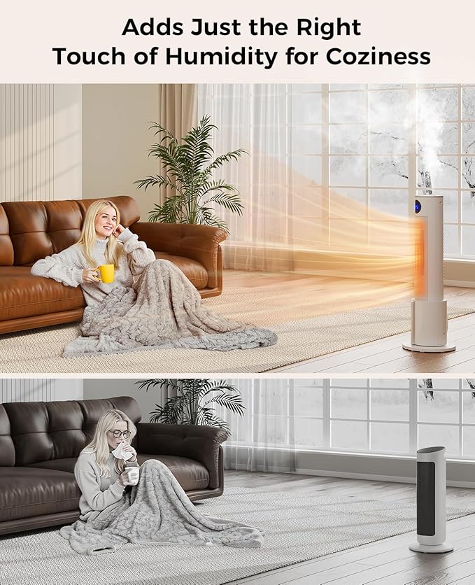 Space Heaters for Indoor Use - Portable Tower Heater with Humidifier, Remote, Adjustable Thermostat, 3 Heat Modes, Multiple Safety Protection, 12H Timer, Quiet Electric Heater for Bedroom