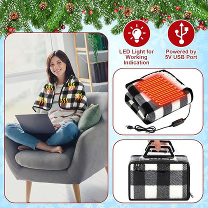 Tuanse 2 Pcs USB Heated Blanket 25"x35" Small Portable 5v 3 Setting Electric Blanket with Timer and Temperature Controller Winter Wearable Recharge Throw for Travel Home(Single Black and White Plaid)