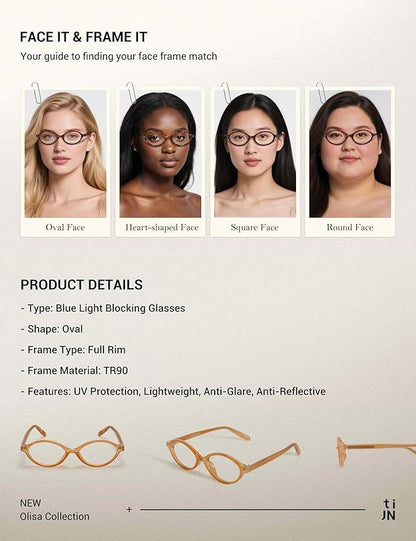 TIJN Olisa Blue Light Blocking Glasses for Women Men,Oval Glasses Frame Bluelight Glasses for Gaming/Computer/Screen