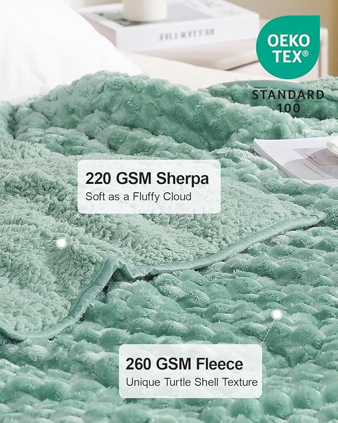 Super Soft Luxury Fleece Sherpa Weighted Blanket 15 lbs for Adults, Turtle Shell Fuzzy Cozy Warm Weighted Throw for Winter, Ceramic Beads Washable Heavy Blankets for Couch Bed, Sage Green, 60" x 80"
