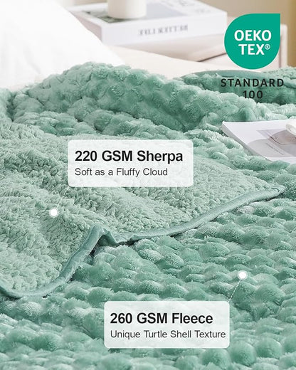 Super Soft Luxury Fleece Sherpa Weighted Blanket 15 lbs for Adults, Turtle Shell Fuzzy Cozy Warm Weighted Throw for Winter, Ceramic Beads Washable Heavy Blankets for Couch Bed, Sage Green, 48" x 72"