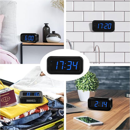 KWANWA Small Digital Alarm Clock, 1.2inch Dark Blue LED Digits, Adjustable Brightness, Dim Night Model, 12H/24H, Battery Operated, Wall Mount, Snooze, Clock for Kids Bedroom, Small Travel Clock