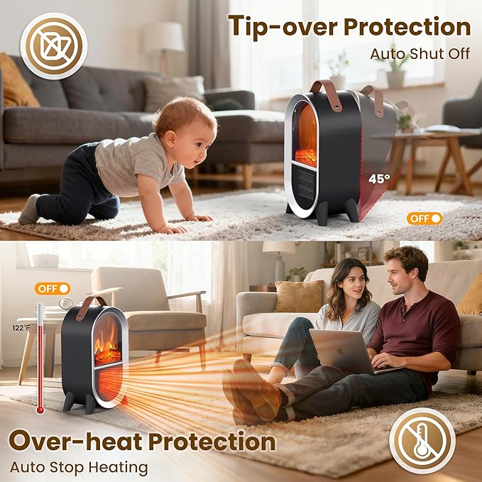 Portable Electric Fireplace Heater, 1500W/750W Mini Space Heater for Indoor Use with 3D Flame, Thermostat, Carry Handle, Overheat & Tipover Protection, for Home Office Bedroom Desk, Black