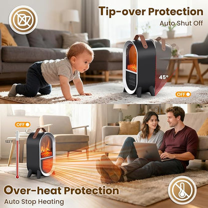 Portable Electric Fireplace Heater, 1500W/750W Mini Space Heater for Indoor Use with 3D Flame, Thermostat, Carry Handle, Overheat & Tipover Protection, for Home Office Bedroom Desk, Black