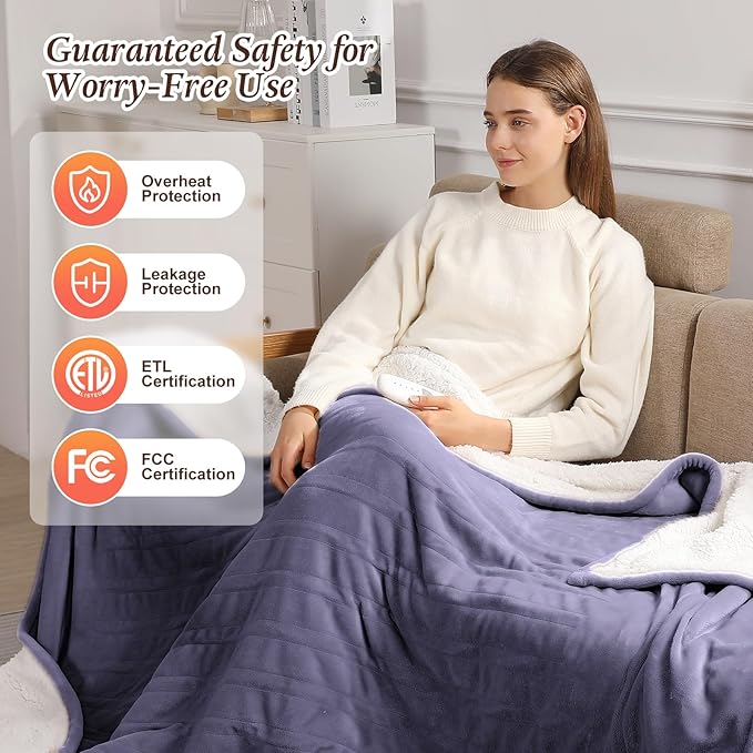 Electric Throw Blanket 50''x60'' Fast Heating Blanket Throw - Ultra Soft Flannel & Sherpa Heated Blanket for Office with 5 Heat Setting & 4-Hour Auto-Off, Great Gifts for Grandma (Lavender Purple)