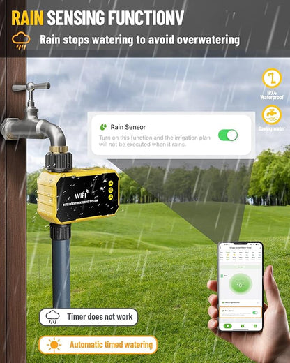 WiFi Water Timer with Brass Inlet No Need Gateway, Smart Hose Timer WiFi Sprinkler for Garden Hose, APP Remote Control Via 2.4Ghz WiFi Voice Control with Alexa and Google Assistant