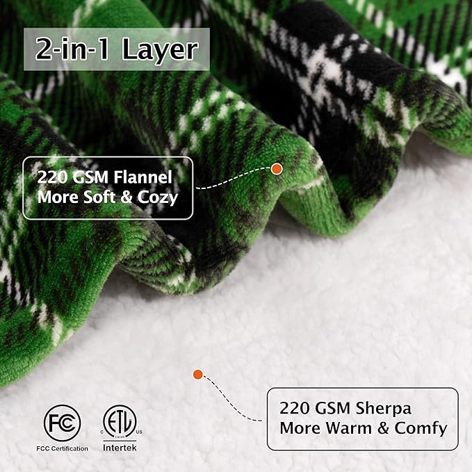 Green Christmas Electric Heated Blanket 50"x60", Fast Heated Throw with 8 Hours Auto Off/8 Heats Levels, Soft Plaid Sherpa with ETL Certification, Gift for Women Adults Keep Warm in Home Office