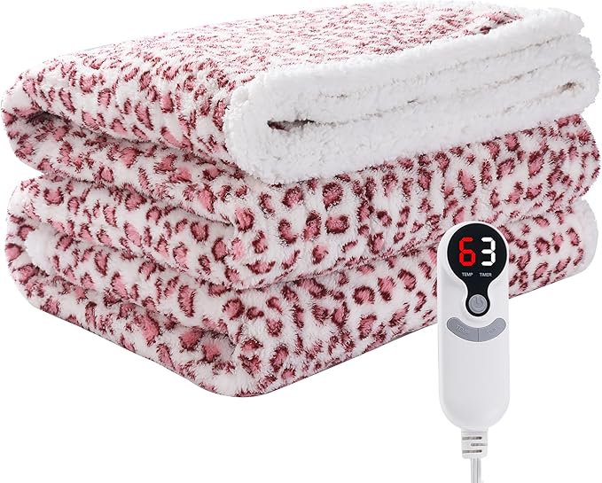 Electric Heated Blanket Throw Size 50"×60" with 9 Heating Levels & 1-10 Hs auto Off, Heating Throw Double Sided Sherpa, Energy Efficient, Machine Washable, Leopard Print Pink & White