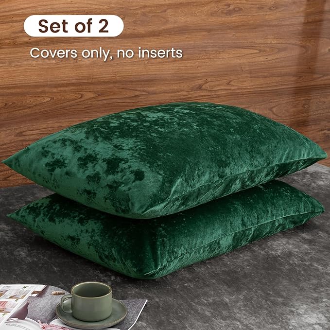 PHF Truly Velvet Pillowcases King Size, No Insert, 2 Pack Ultra Soft Breathable Pillow Shams Covers with Envelope Closure, 20" X 36" Luxury Cozy Warm Fuzzy Flannel, Emerald Green