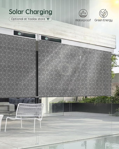 Yoolax Customized Motorized Outdoor Shades, Smart Blinds Compatible with Alexa Google, Remote Control Waterproof Blinds for Patio Porch Windows Outside (3% Openness Geometric Black)