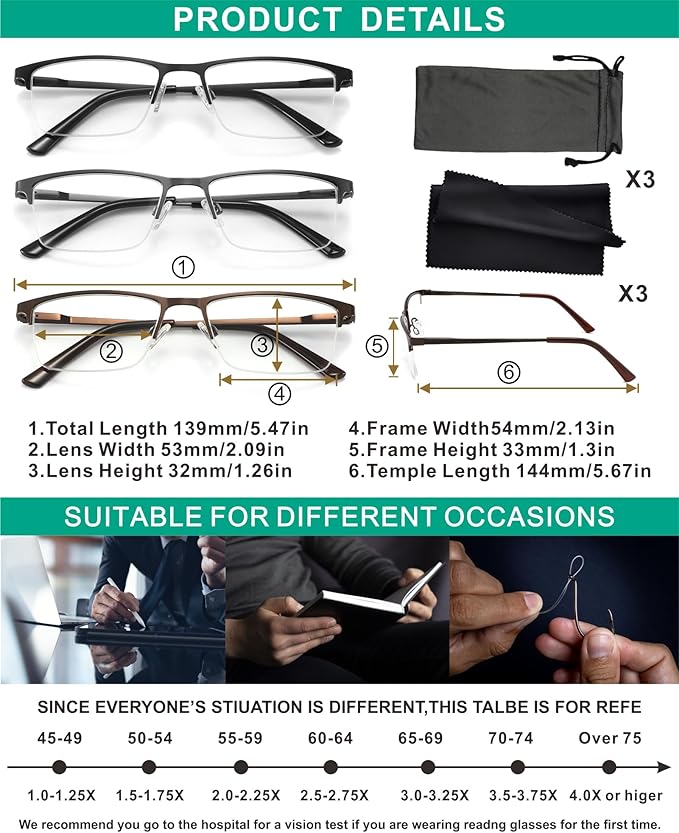 3 Pack Blue Light Blocking Reading Glasses Men Readers Anti Glare UV Metal Semi-frame Spring Hinge Lightweight Sturdy Trendy Eyeglasses 3.75+