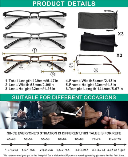 3 Pack Blue Light Blocking Reading Glasses Men Readers Anti Glare UV Metal Semi-frame Spring Hinge Lightweight Sturdy Trendy Eyeglasses 3.0+