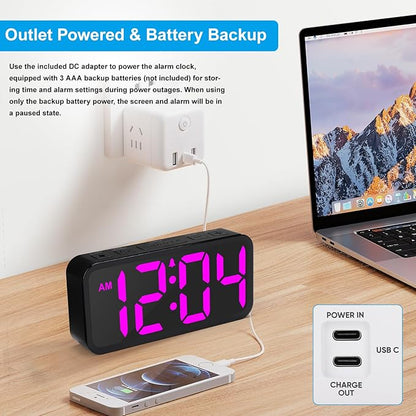 Alarm Clocks for Bedrooms Heavy Sleepers - Snooze for Deep Sleepers Adults Home Office, Digital Alarm Clock with Type-C Charging Port, Large Bold Number Display, Adjustable Alarm Volume and Dimmer
