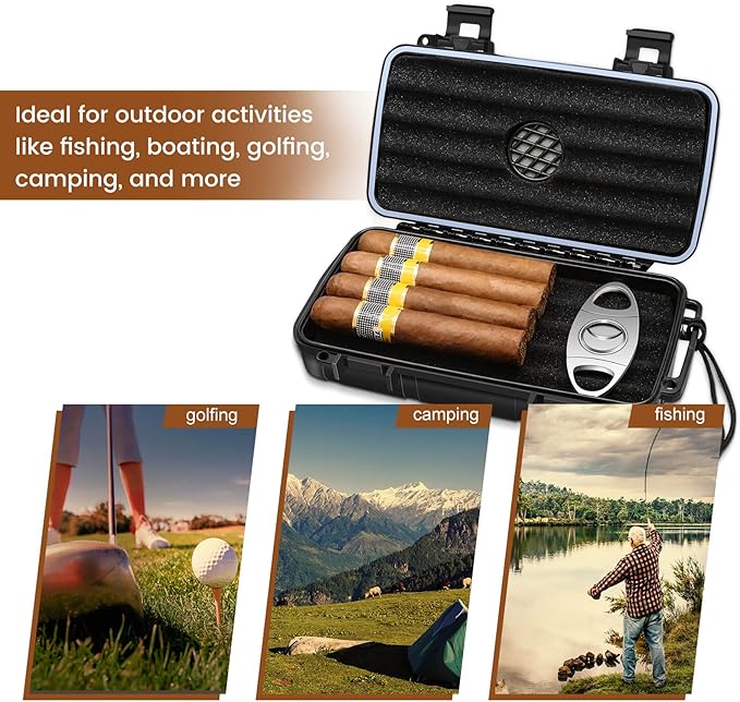 Flauno Travel Cigar Humidor Case - Portable Cigar Box kit with Humidifier Disc, Cigar Cutter, Cigar Punch, Cigar Holder & Dropper, Waterproof, Crushproof, Airtight (Holds up to 5 Cigars)