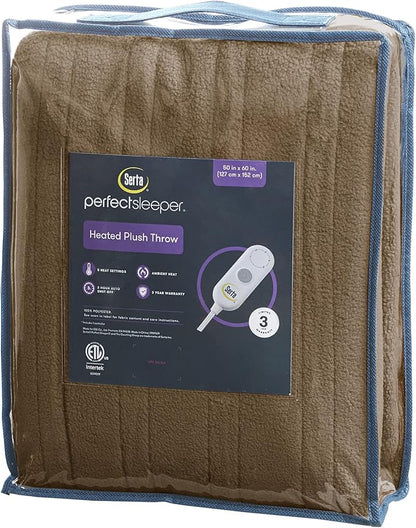 Serta Heated Throw Blanket - Reversible Fleece to Sherpa Electric Blanket, Fast Heating, Auto Shut Off Timer, Multi Heat Setting, ETL Certified, Machine Washable, Stone Brown 50"x 60"