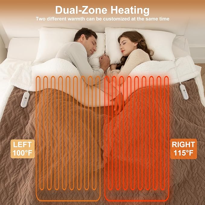 Electric Blanket King Size 100"X90" Brown - Soft Thick Warm Sherpa Heated Blanket for Winter with Dual Control, 5 Fast Heating Levels & 10hrs Auto Off, Washable & ETL Certified for Bed