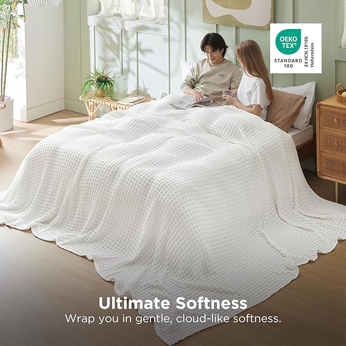 Bedsure Cooling Cotton Waffle Oversized King Blanket - Lightweight Breathable Blankets Rayon Derived from Bamboo for Hot Sleepers, Luxury Throws for Bed and Sofa, Ivory, 120x96 Inches