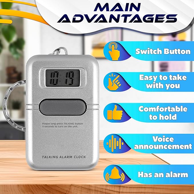 Talking Clock for Blind Elderly – Easy to Use Talking Clock Keychain for Visually Impaired with LCD Display, Built-in Alarm, Compact & Portable – Time Voice Announcement | Gifts for Blind People