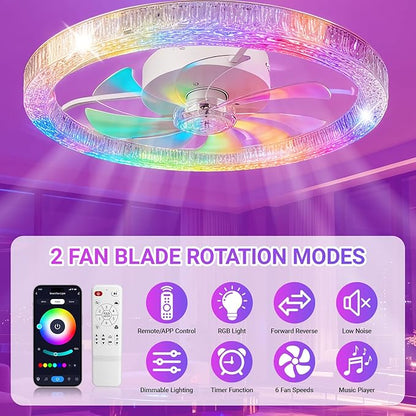 Ceiling Fans with Lights and Remote, 20" RGB Ceiling Fan with Voice/APP Control, 2 in 1 RGB+CCT Dimmable Flush Mount Smart Bluetooth Abanico De Techo for Bedroom, Kids Room and Living Room