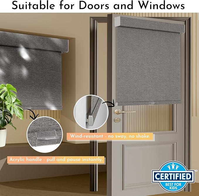 Persilux Blackout Roller Shades for Indoor Window Blinds,Cordless,Linen Fabric,Thermal Insulated Fabric UV Protection Shades for Home,Office,Bedroom,Door,Blackout-Stone Grey,Custom Size