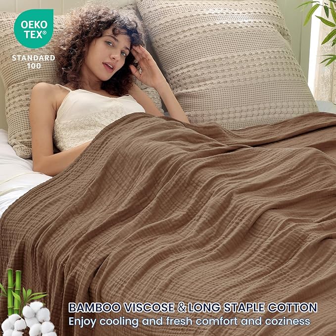 PHF Cooling Muslin Queen Blanket for Hot Sleepers, 60% Rayon Derived from Bamboo, 40% Cotton for Summer, 4-Layer Breathable Gauze Blanket for Bed Couch, 90"x90", Brown