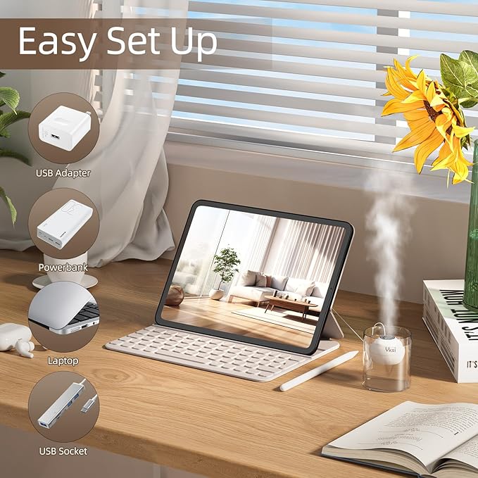 YKSI Mini Portable Humidifiers - Personal Desktop Humidifier for Travel Office Bedroom Plants with Auto Shutoff, Easy to Fill and Clean, Quiet Cool Mist Humidifier with Storage Bag, White