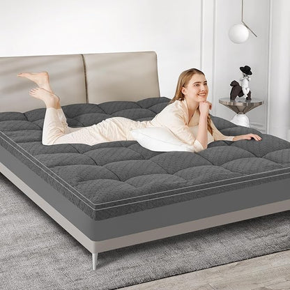 Dual Layer 3 Inch Memory Foam Mattress Topper California King Size, 2 Inch Cooling Gel Memory Foam Plus 1 Inch Pillow Top Mattress Pad Cover, with 8-21 Inch Deep Pocket, Grey