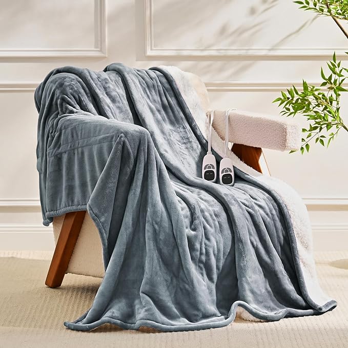 Heated Electric Blanket Queen Size 84"x90" Heating Blanket with Dual Control 9 Heating Levels 10 Timer Modes Auto Off, Fast Heating Over-Heat Protection Ultra Soft Flannel ETL Certified, Gery