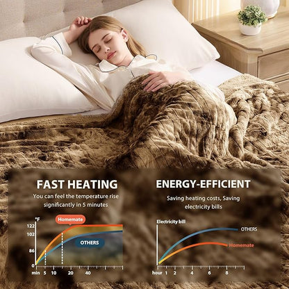 Homemate Heated Blanket Electric Throw - 50"x60" Heating Blanket Throw 1/2/4/6/8 Hours Auto-Off 10 Heat Levels Over-Heat Protection Luxury Faux Fur Sherpa ETL Certification