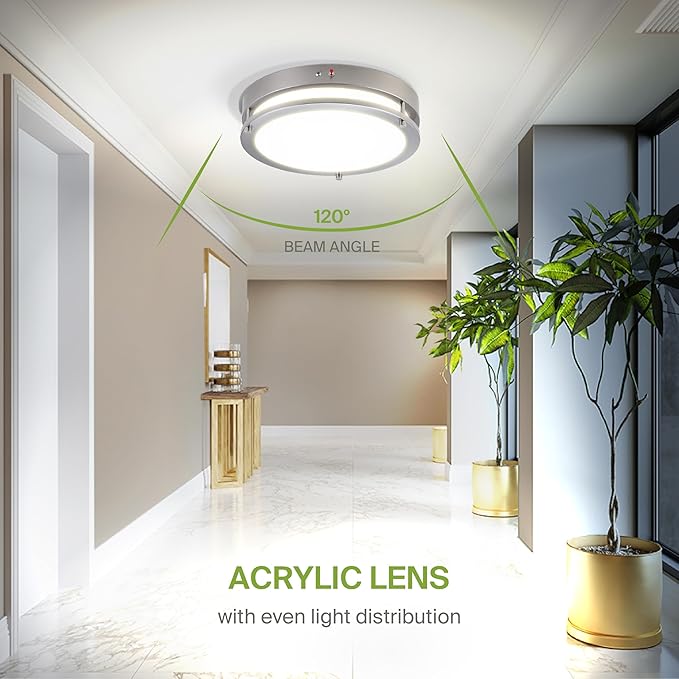 ASD LED 14" Round Flush Mount Lighting, Close to Ceiling Light Fixture | 3CCT, Dimmable, Battery Backup, ETL Listed | 21W 1854LM 3000-5000K 100-277V | Low Profile Double Ring Lamp | Nickel