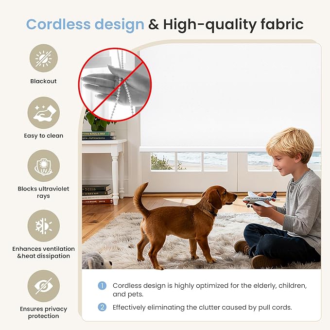 Grandekor No-Drill No Tools Motorized Blinds with Remote | 35.5x36 White Electric Blackout Smart Roller Shade/APP/Voice Control-for Home Office, Living Room
