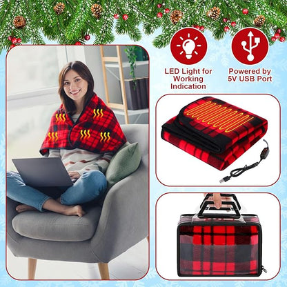 Tuanse 2 Pcs USB Heated Blanket 25"x35" Small Portable 5v 3 Setting Electric Blanket with Timer and Temperature Controller Winter Wearable Recharge Throw for Travel Home(Red and Black Stripes)