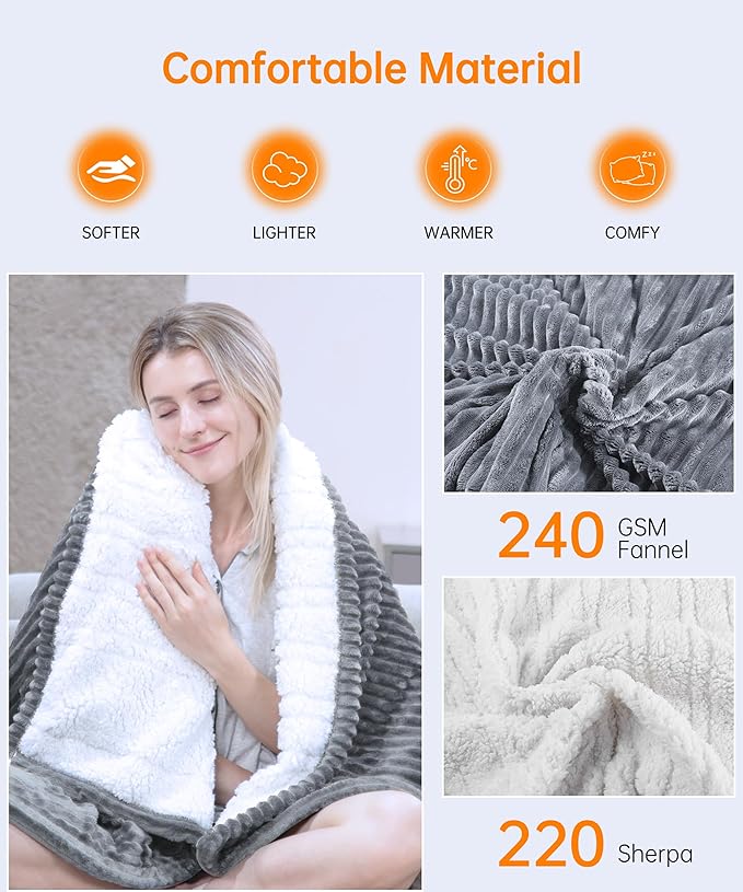 Electric Heated Blanket Throw, Heating Blanket Throw with 4 Timer Settings & 6 Heat Settings, Best Winter Gifts for Men and Women, White Elephant Gifts for Adults (50x60 Inch, Grey)