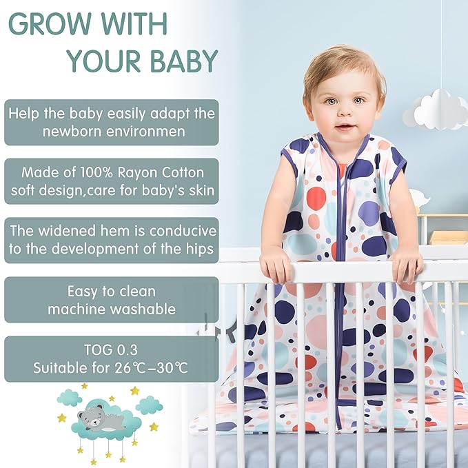 Baby Sleep Sack 6-12 Months 3 Pack Baby Wearable Blanket 100% Rayon Cotton 2-Way Zipper Toddler Sleeping Sack .Comfy Soft Lightweight TOG 0.3 (Rabbit&Rocks&Green,)