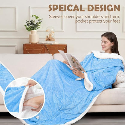 Wearable Heated Blanket with Foot Pocket, 52"x72" Electric Blanket with Sleeves for 12 Hours Timer, 6 Heat Settings, Flannel & Sherpa, Blue