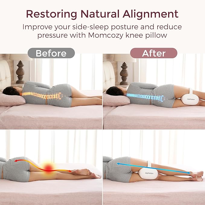 Momcozy Knee Pillow for Side Sleepers, Soft Memory Foam Support Spine Alignment Pregnancy Leg Pillow for Hips, Back, Sciatica Pain, Fixed Strap for Moving, Wider Contact Even Pressure