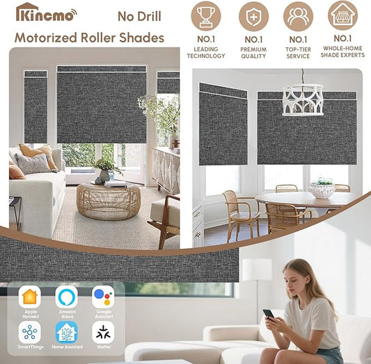 Kincmo No Drill Motorized Blinds with Remote, 100% Blackout Roller Shades for Windows, Custom Electric Blinds Compatible with Alexa, Apple Homekit, Google Home (100% Blackout Classic Dark Grey)