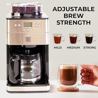 Kenmore Elite Grind and Brew Coffee Maker w/ Burr Grinder, 12 Cup Programmable Automatic Timer Brew Coffee Machine, Air-Tight Bean Hopper, Grind Size and Brew Strength Selectors, Stainless Steel