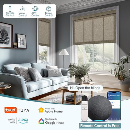 BERISSA Motorized Blinds with Remote,Light Filtering Smart Roller Shades with App,Voice Control,Thermal Insulated Automatic Blinds,Electric Shades with USB/Solar Pannel.Filter Linen Brown