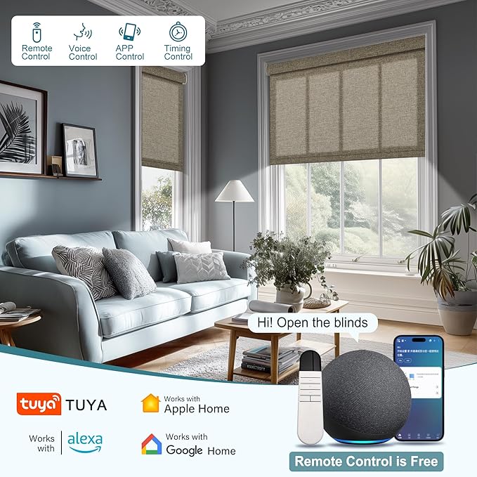 Motorized Blinds with Remote,Light Filtering Smart Roller Shades with App,Voice Control,Thermal Insulated Automatic Blinds,Electric Shades with USB/Solar Pannel.Filter Linen Brown