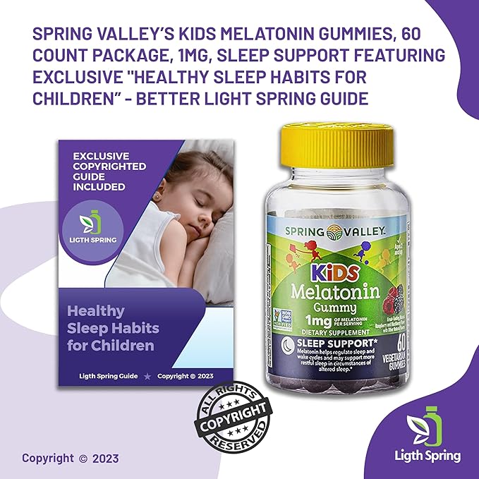 Vegetarian Melatonin Gummies for Kids, Sleep Support, 60 (2 Pack) Bundle with Exclusive Healthy Sleep Habits for Children - Better Light&Spring Guide (3 Items)