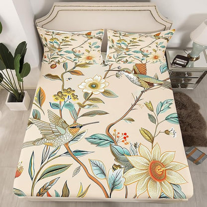 Blue Hummingbird Sheet Set Twin,Love Heart Shaped Flower Bed Sheet Set 3pcs with Deep Pocket Fitted Sheet + Flat Sheet + 1 Pillowcase Floral Animals Theme Soft Bedding Set for Kids Teenss Room Decor