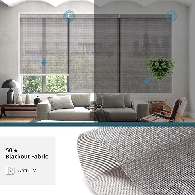 Motorized Light Filtering Roll Shades Work with HomeKit, 50% Blackout Smart Blinds for Windows, Electric Blinds with Remote, APP/Voice Control, Automatic Solar Shades,Sunscreen PVC Free Stone