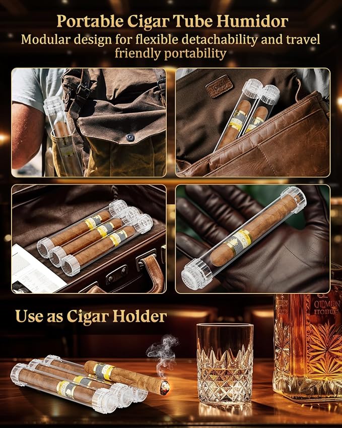 Cigar Humidor Tubes, Travel Humidifier Tube, Acrylic Storage Case with Cigar Holder, Detachable Airtight Triple Tube, Cigar Gift for Men, Ring Guage up to 57