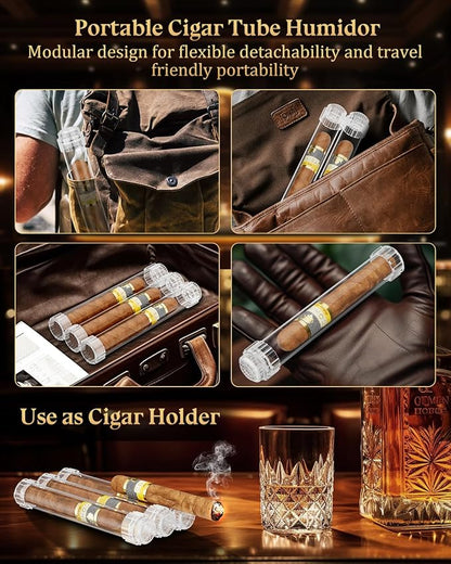 Cigar Humidor Tubes, Travel Humidifier Tube, Acrylic Storage Case with Cigar Holder, Detachable Airtight Triple Tube, Cigar Gift for Men, Ring Guage up to 57