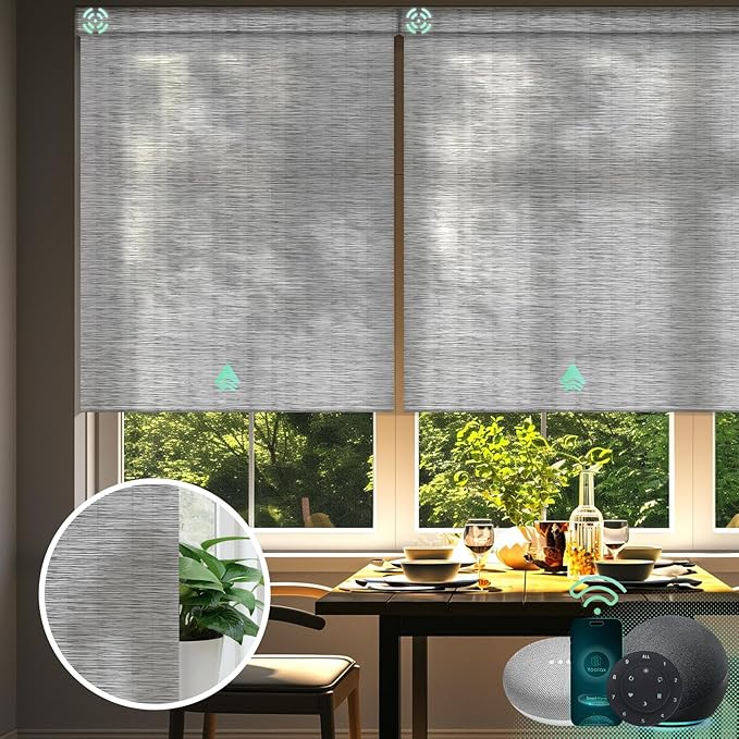 Yoolax Motorized Blinds with Remote, Light Filtering Smart Blinds Compatible with Alexa Google Home, Automatic Shades for Windows Living Room, Custom Size (50% Blackout V-Jungle Greyish White)