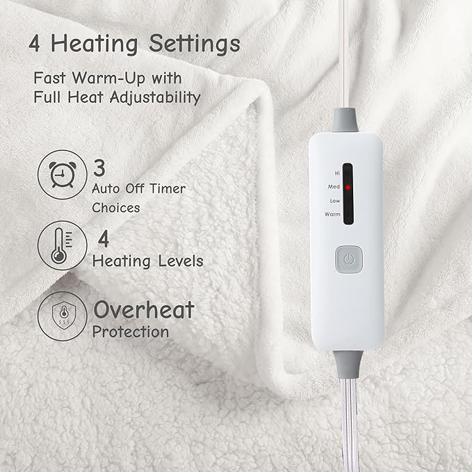 Soypipo Electric Heated Blanket Throw 50"x60", Warm & Lightweight Heated Blanket with 4 Heat Settings, 3-Hour Auto Shut-Off & Overheat Protection, Winter Comfort, Cream