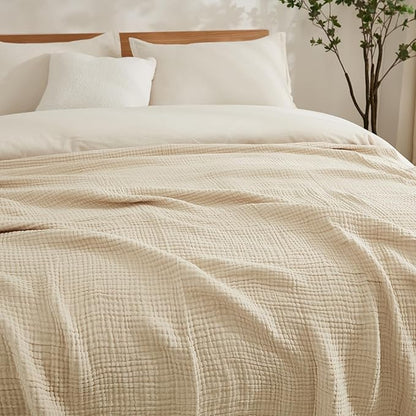 EMME Cotton Bed Blanket Twin Size Soft Muslin Boho Bedding Lightweight Breathable Light Tan Twin Blanket All Season Gauze