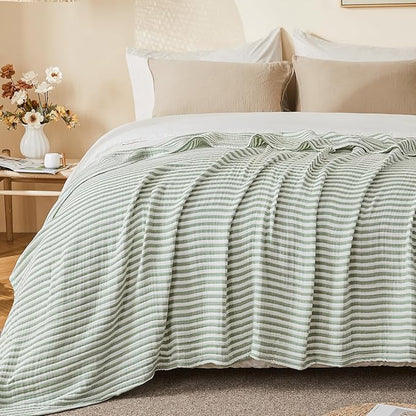 EMME Cotton Muslin Queen Blanket Bed Layering Bedspread Coverlet Breathable Gauze Soft Lightweight Adults (Striped Sage Green, 90"x90")